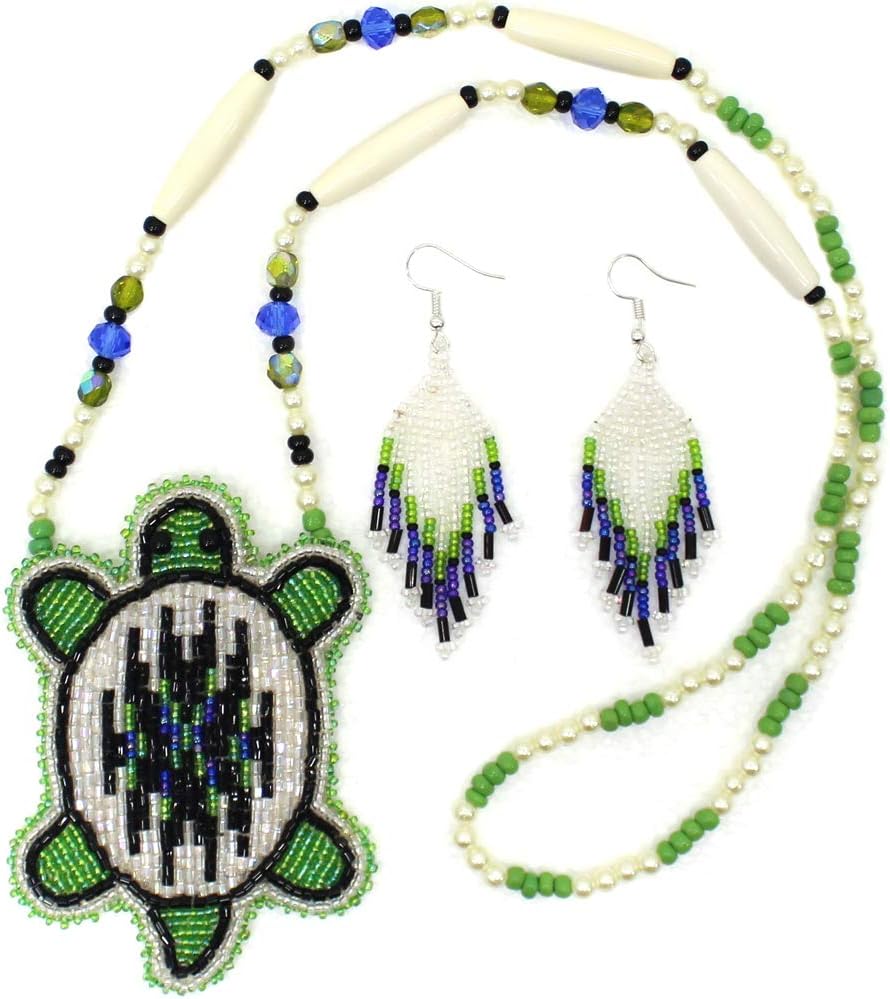 Native Style Handmade Seed Bead Turtle Pendant Necklace Earrings (Green White)