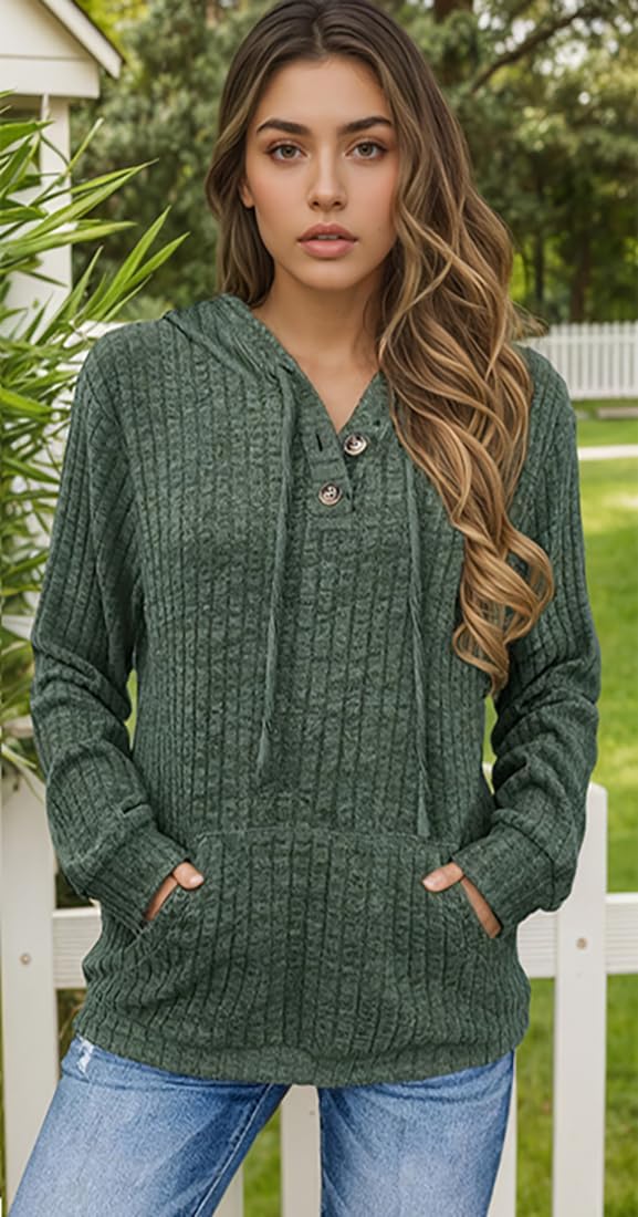 Womens Fall Oversized Sweater Hoodie with Long Sleeves Button Hood and Pocket - Image 3