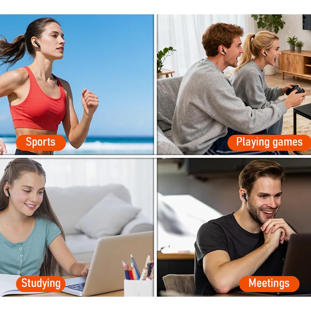 Auriculares inalámbricos con Pantalla y Puerto de Carga USB Tipo C para Disfrutar en Parques de Atracciones. Auriculares intrauditivos inalámbricos, Negro Naranja