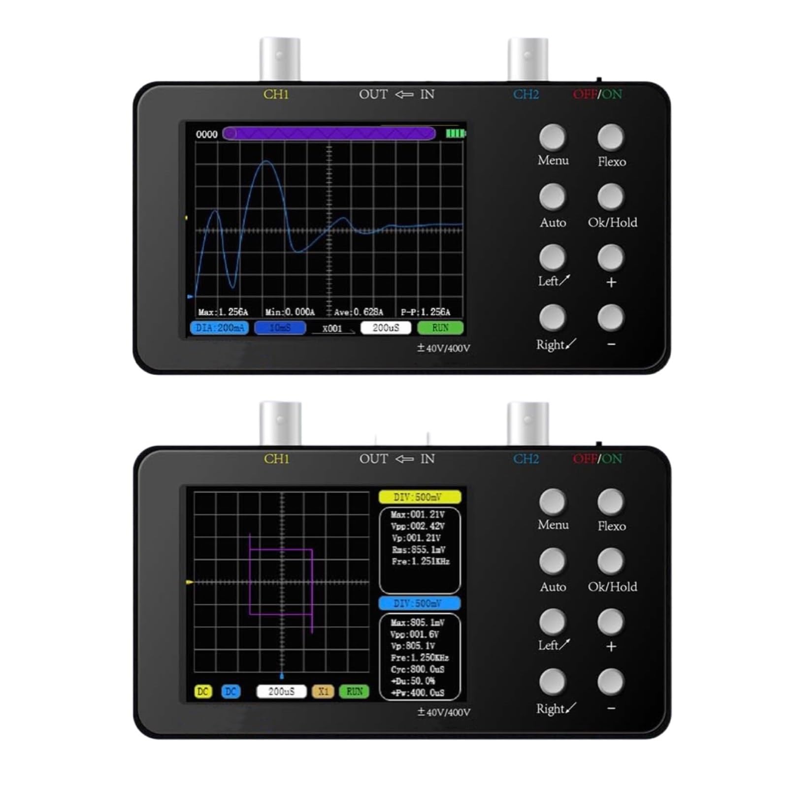 Osciloscopio digital, Osciloscopio Digital de 2 canales, tasa muestreo 50M, ancho banda analógico 10Mhz, patrones Lissajous, medición forma onda corriente 6A(SET 3)