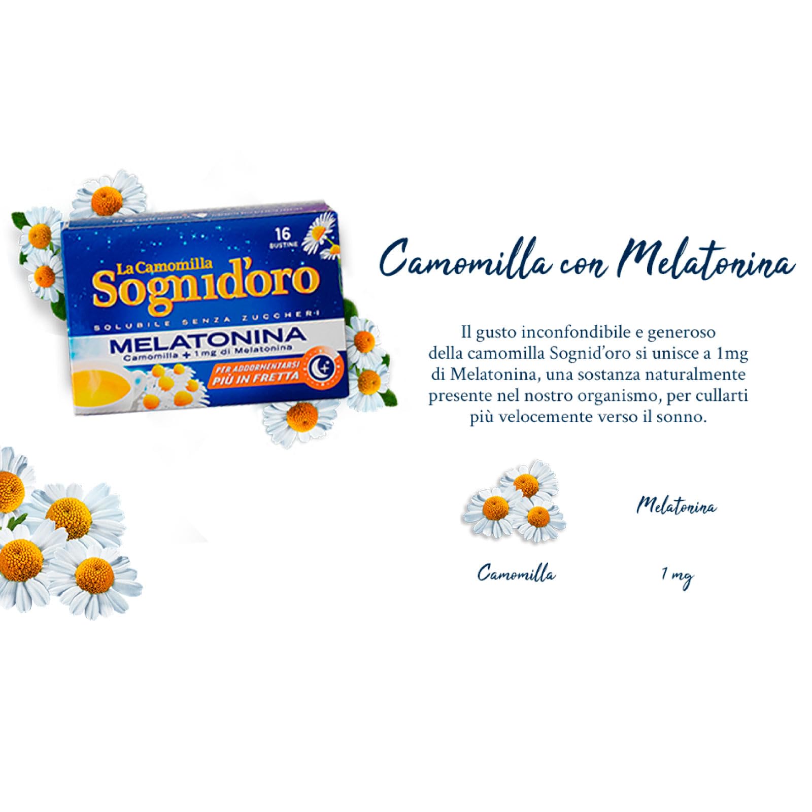 Sognid'oro Plus Camomilla Solubile con 1mg di Melatonina Senza Zuccheri per Favorire il Sonno - 6 Confezioni da 16 Bustine