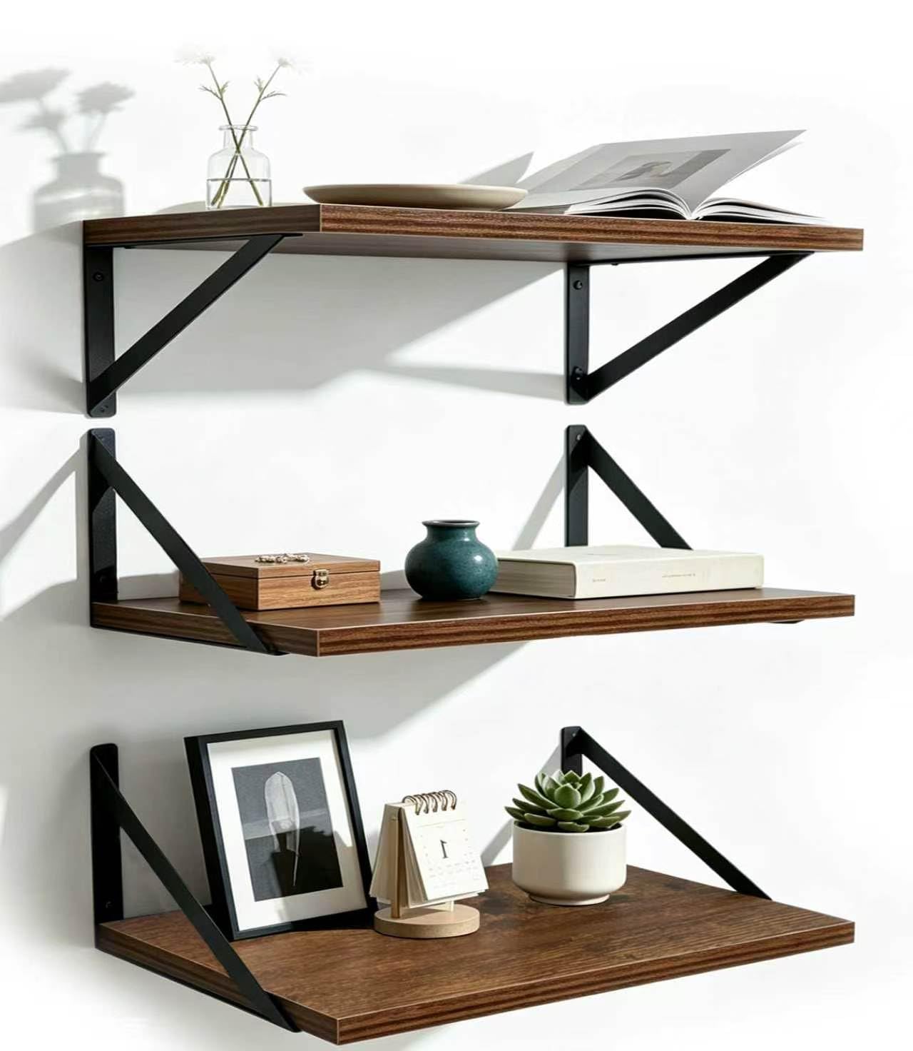 Loopsee Shelves for Wall 40 x 20cm, 3 Bedroom Wooden Book Shelf Unit Brown