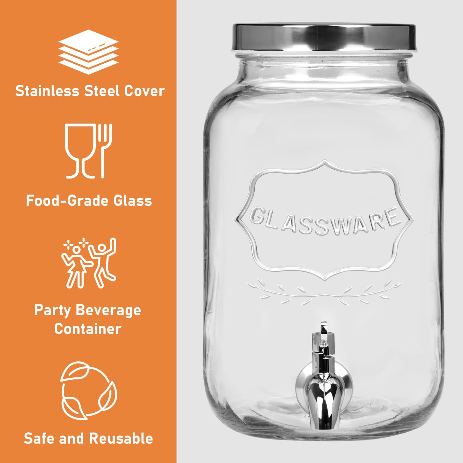 Moretoes Dispensador de bebidas de vidrio para fiestas, paquete de 2 dispensadores de bebidas de 1 galón con soporte para jugo y té helado, dispensador de jarra de agua para limonada, jarra de bebidas