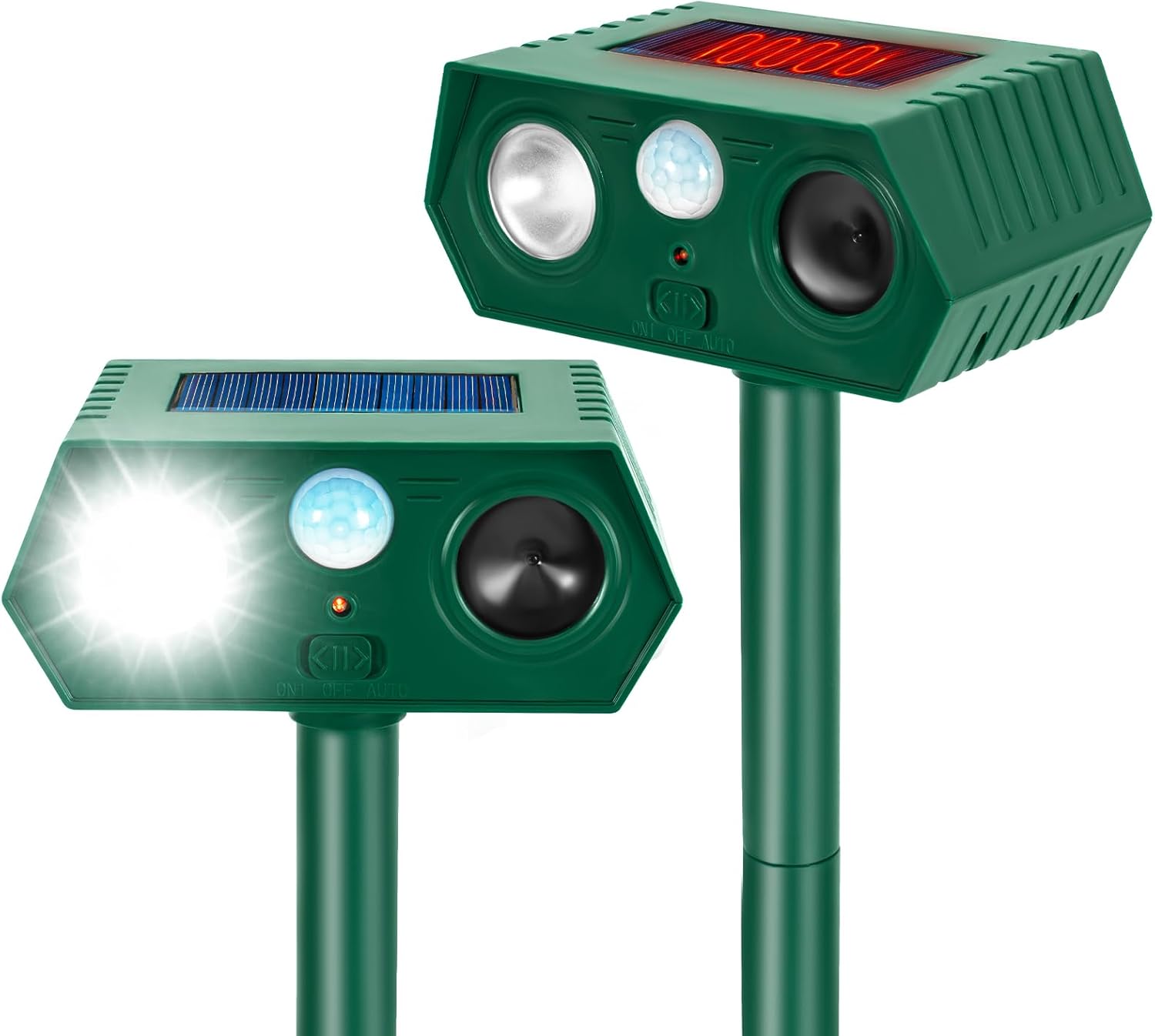 Solar Ultrasonic Animal Repellent, 2 Pack Ultrasonic Deer Repellent Devices with PIR Motion Sensor & LED Lights, Waterproof Cat Repellent Outdoor for Yard Garden Repel Raccoon Squirrel Skunk Rabbit