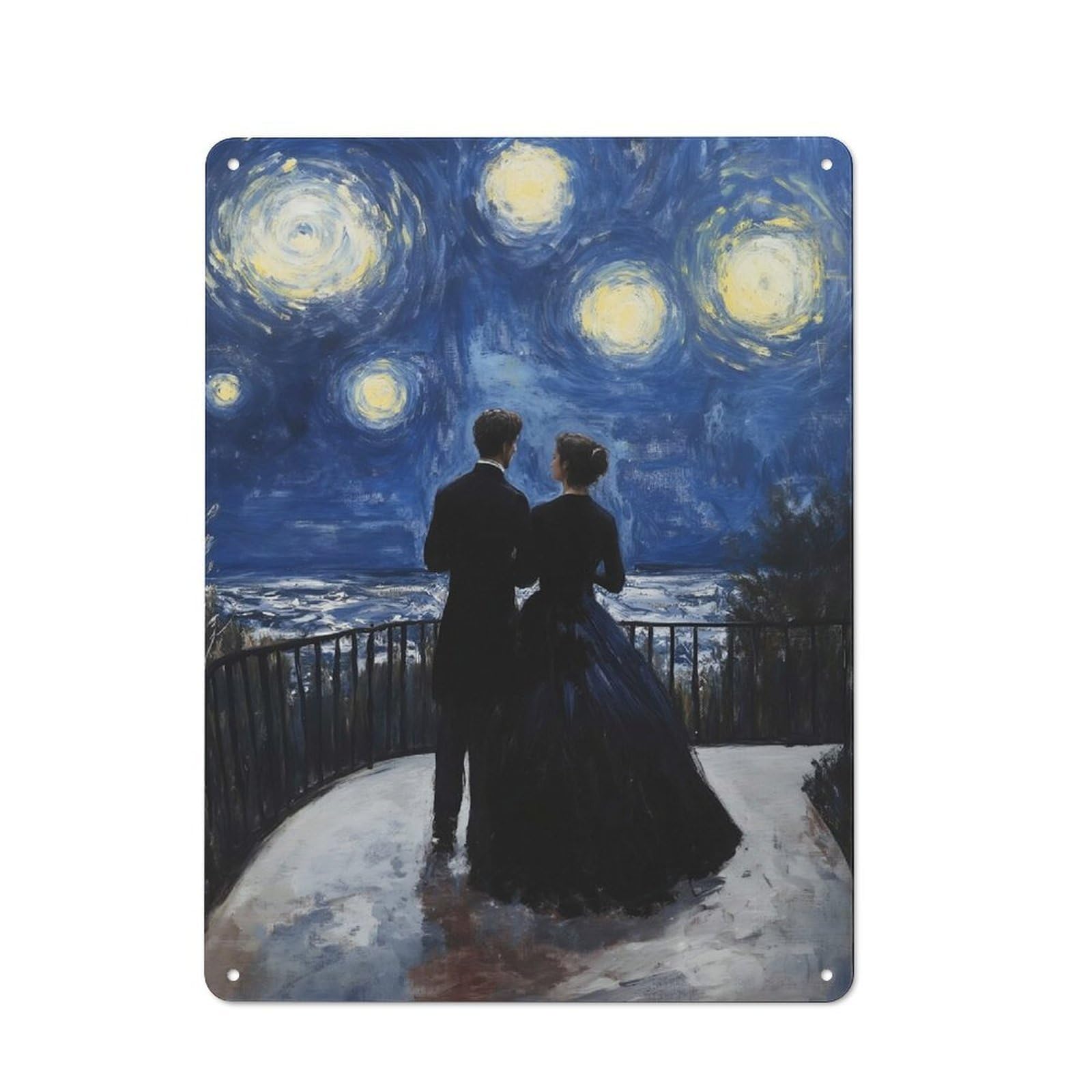 Junmoney Couple Under Starry Night Painting Retro Metal Plaque 40X30cm For Dining Room Or Kitchen, For Home Interiors, Feature Walls And Decorative Displays