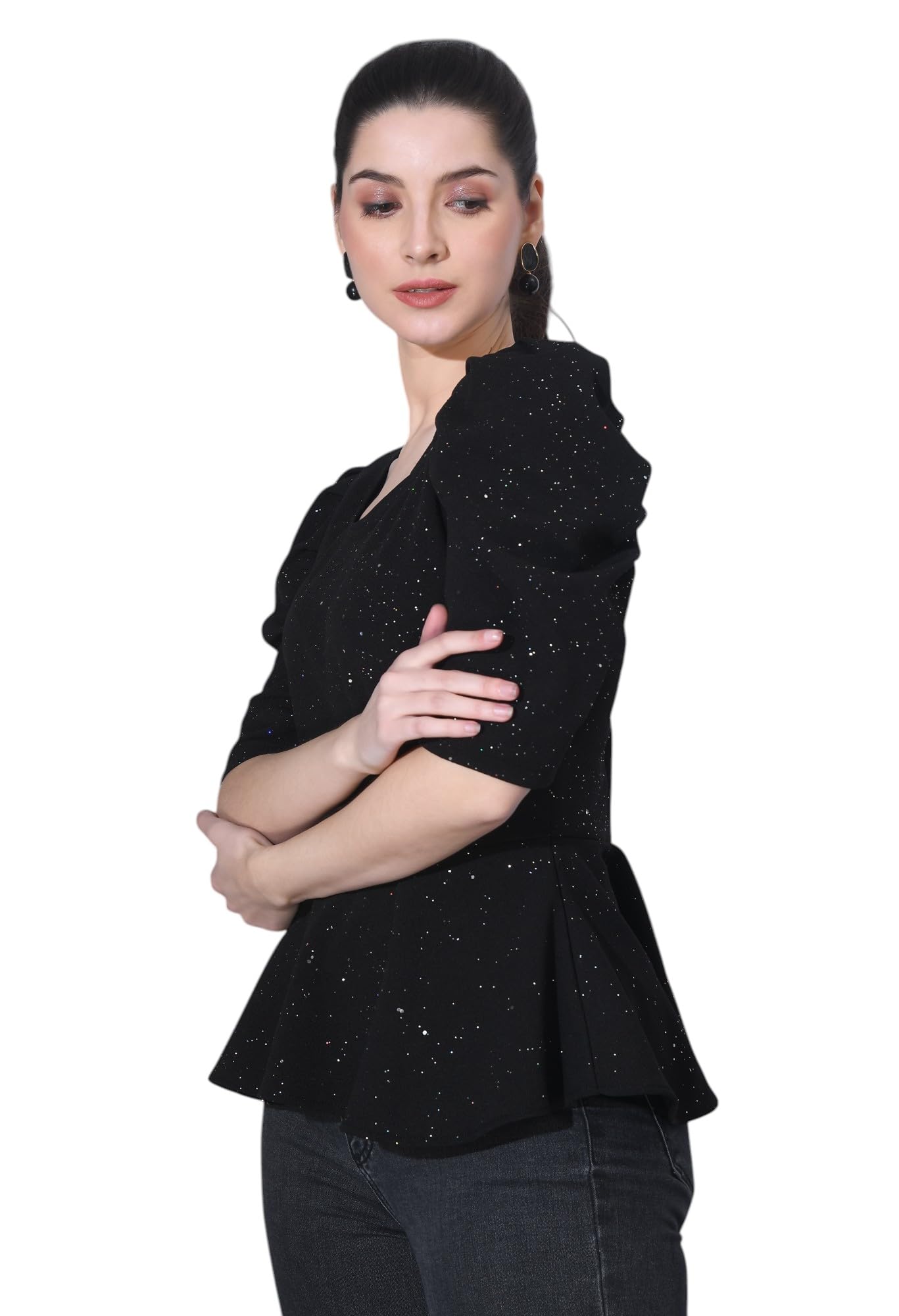 iuga Women's Black Puff Sleeve Peplum Top with Glitter Top-picture-20