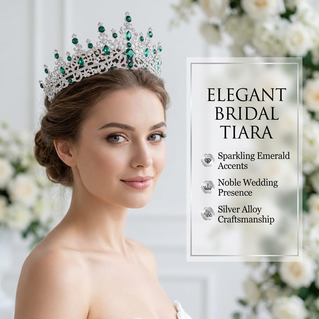 Kamirola Tiaras and Crowns for Women,Tiaras Earrings Necklace, Crystal Bridal Jewelry SetTR83 (Silver Green)