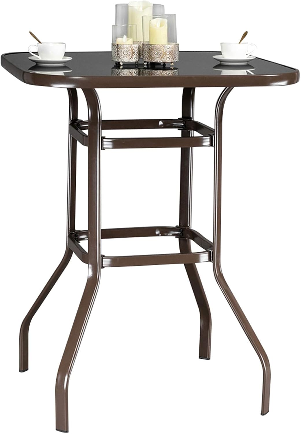 Wrought Iron Glass High Bar Table Patio Bar Table Brown Outdoor Patio Furniture for Yard and Bistro