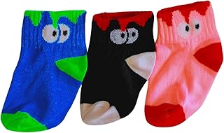 جوارب بطول الكاحل بتصميم شخصيات مرحة للاطفال، عبوة من 3 قطع، زهري واسود وازرق مع عيون كرتونية، الوان متنوعة