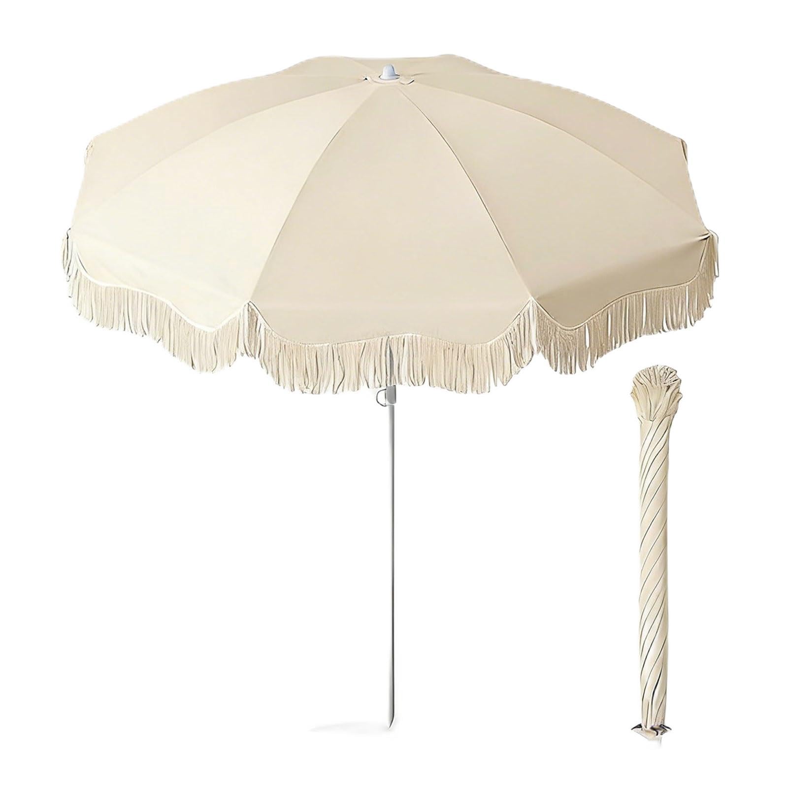Sonnenschirm 150cm Boho Chic Mit Fransen, Strandschirm Vintage UPF 50+ UV-Schutz & Hitzeschutz, Tragbar Für Garten, Balkon, Terrasse, Pool & Camping, Wasserfest, Beige