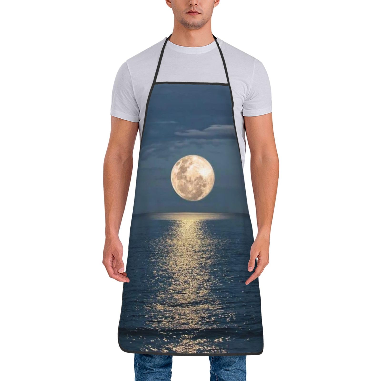 CHANGLEI Bright Moon At Sea Hippie Aprons For Women Men, Personalised Print Polyester Chef Apron For Cooking Baking Gardening