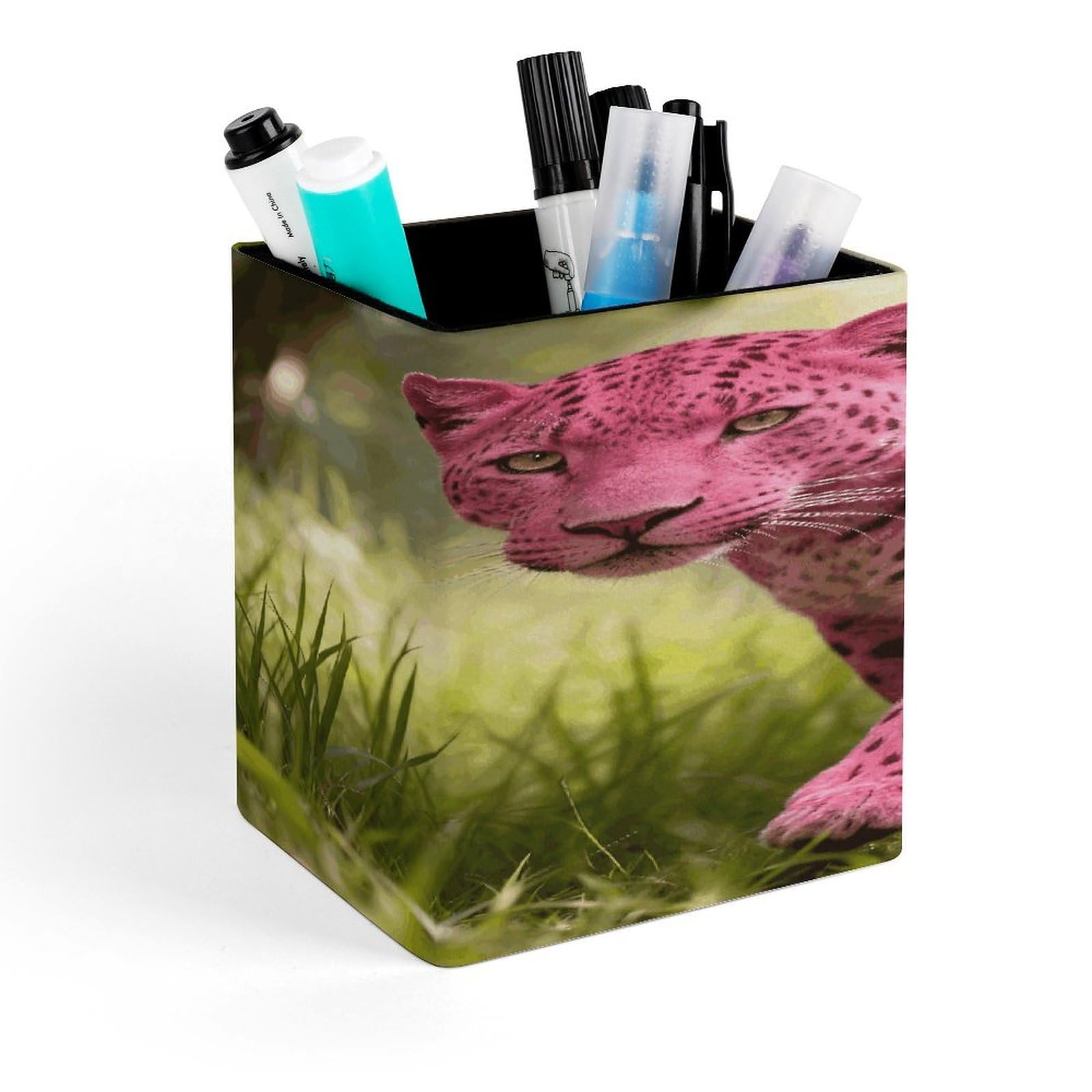 LZQPOEAS Hot Pink Leopard Square Pen Pencil Holder PU Leather Pencil Cup Desktop Stationery Organizer Office Accessories Container