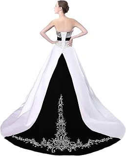 Women's Embroidery Satin Wedding Dresses Vintage A Line Strapless Corset Back Bridal Gowns with Train