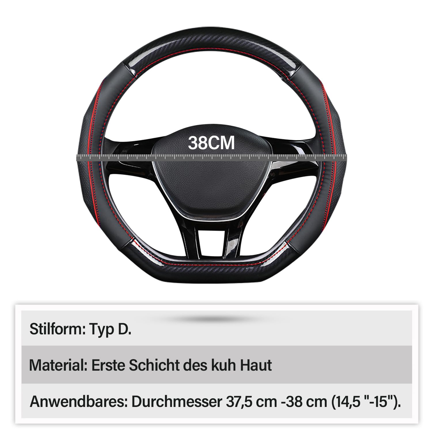 Ergocar Auto Lenkradbezug Rutschfester Auto Lenkradschutz D-Form Kohlefaser & Erste Schicht Rindsleder für Durchmesser 38cm (15 ") (D-Schwarz-Rot)