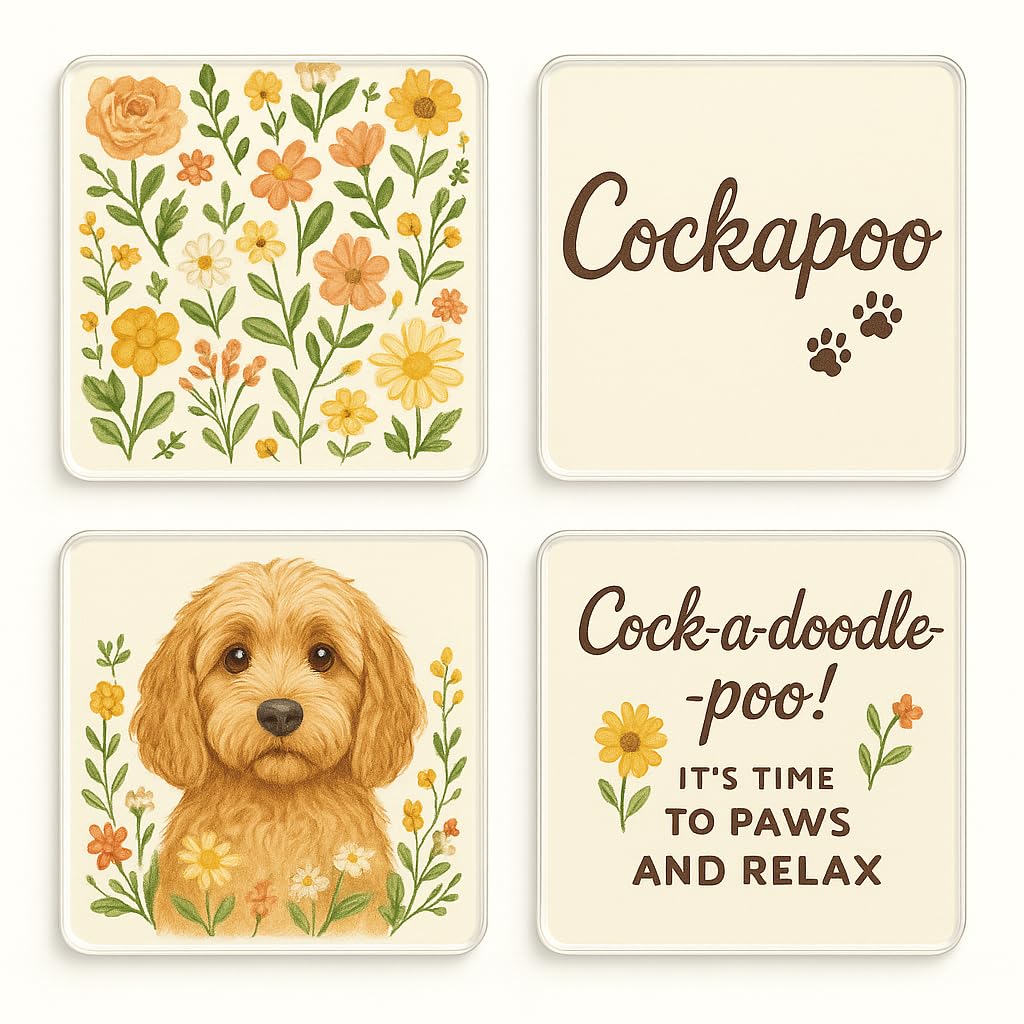 The Plum Penguin Cockapoo Paws Acrylic Coaster Set Of 4 With Cockapoo Cottagecore Design - Whimsical Pet Lover's Home Decor Gift For Dog Mum & Dad