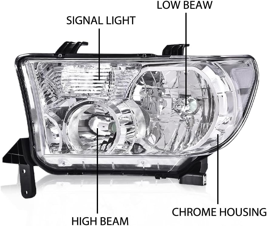 ANDPLAY Headlight Assembly Headlamp,Compatible with 2008-2017 Sequoia/2007-2013 Toyota Tundra bumper Headlamp,Clear lens Chrome Housing Clear Reflector