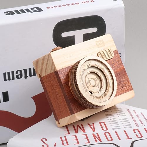 Miniatura 9 de NOLITOY Caja de música de madera con forma de cámara, caja de música creativa, regalos de vacaciones, decoración de estantería de escritorio,