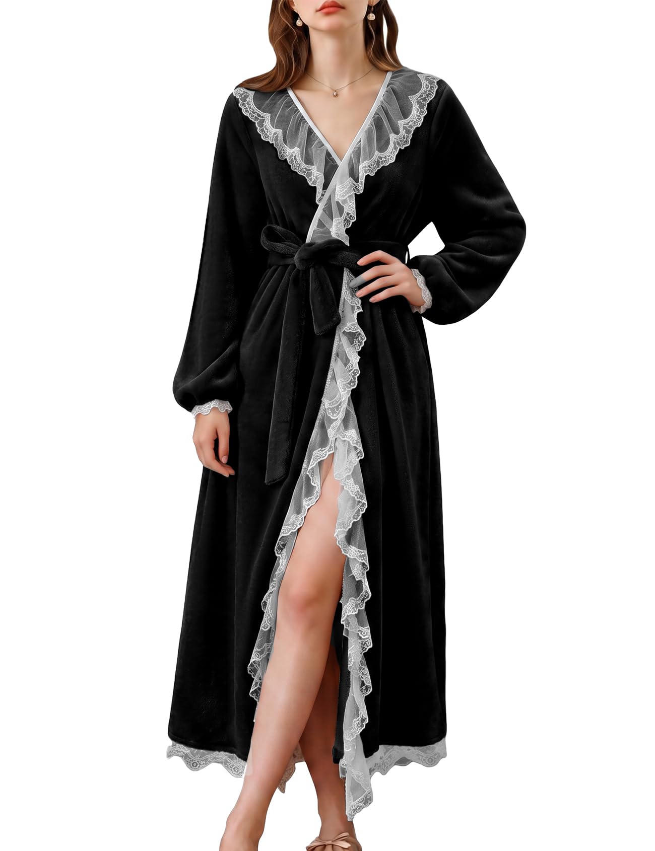 Yimoon Womens Fluffy Robe Lace Ruffle Plush Long Bathrobes