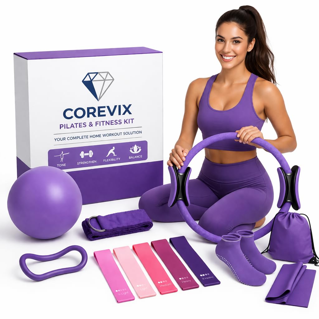 Corevix Pilates Kit for Women 13PCS - Home Pilates Starter Kit with 15" Magic Circle Ring, Yoga Ball & 5 Resistance Bands | Beginner Pilates Equipment Set for Full Body Toning & Flexibility