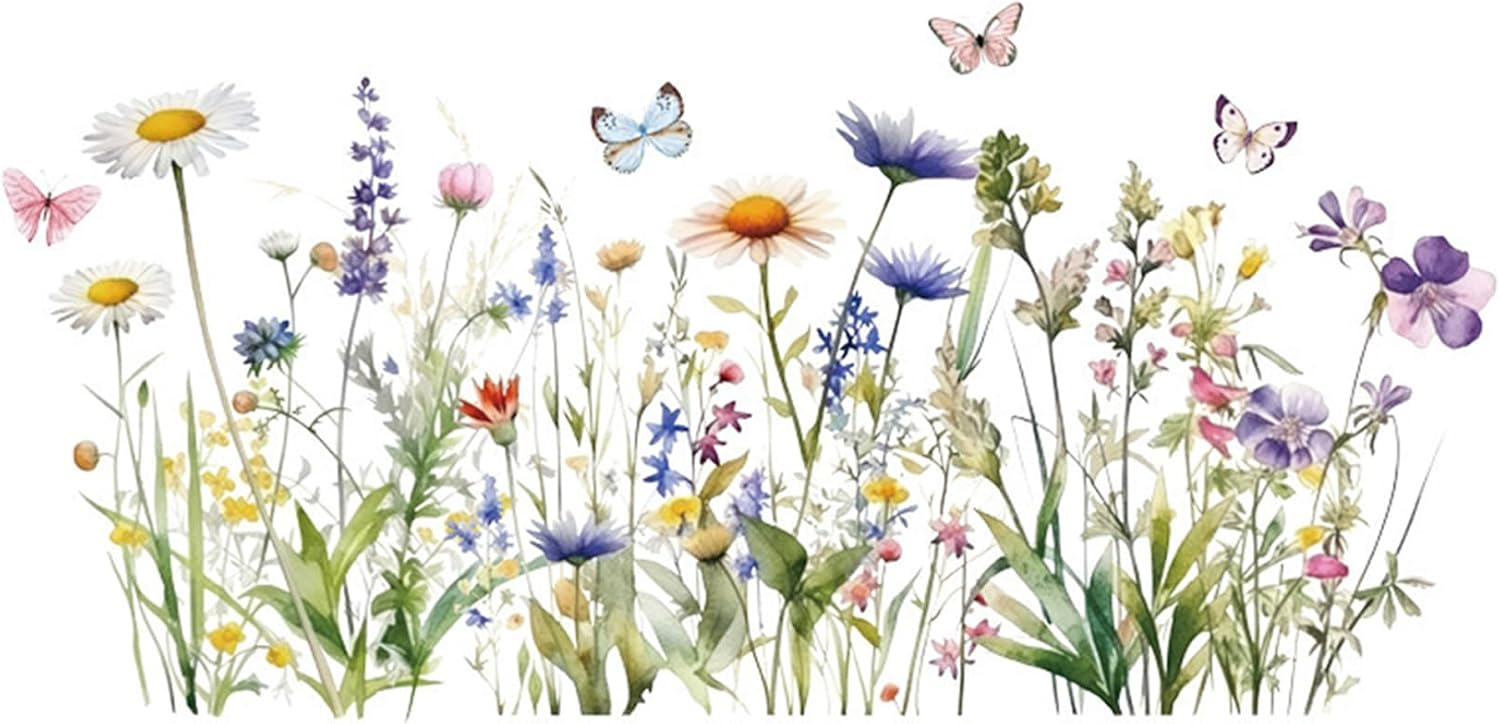 Wildflower Grass Daisy Wall Decals, Garden Floral Butterflies Flower Wall Stickers, BWCXXZH Self-Adhesive Wall Art Stickers for Girls Bedroom Living Room Nursery Decor