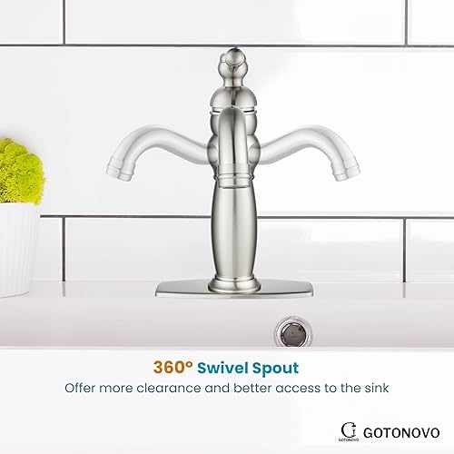 Miniatura 5 de gotonovo Grifo de fregadero de baño para fregadero, 1 agujero, níquel cepillado, mango único, montaje en cubierta, manguera de suministro y orificio