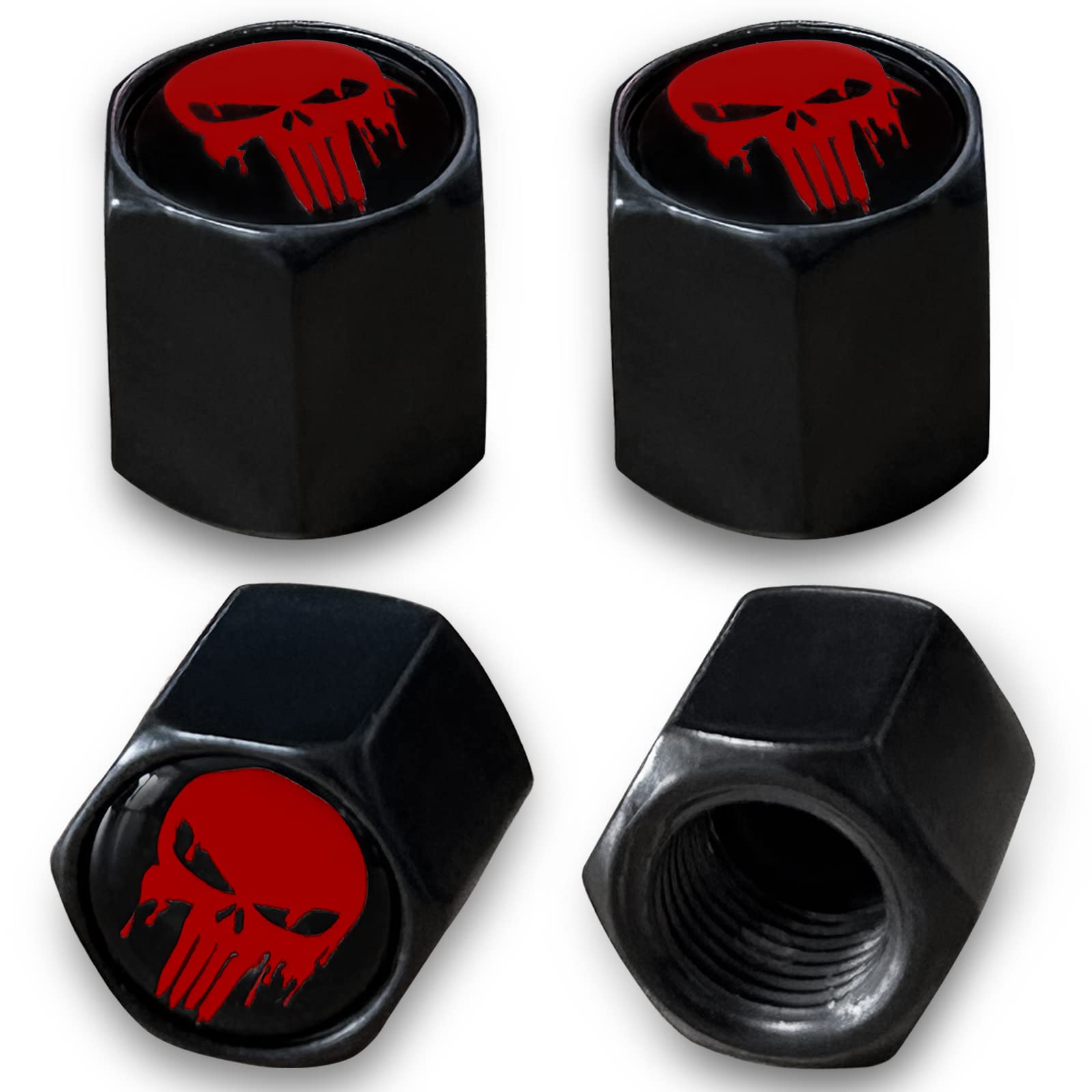 4 pcs Tire Valve Stem Cap Cover, Skull Logo Car Wheel Tire Valve Stem Caps, Car Tire Air Valve Caps, Universal Stem Covers for Cars, Trucks, Bikes, Motorcycles, Car Decoration Accessories (Black Red)