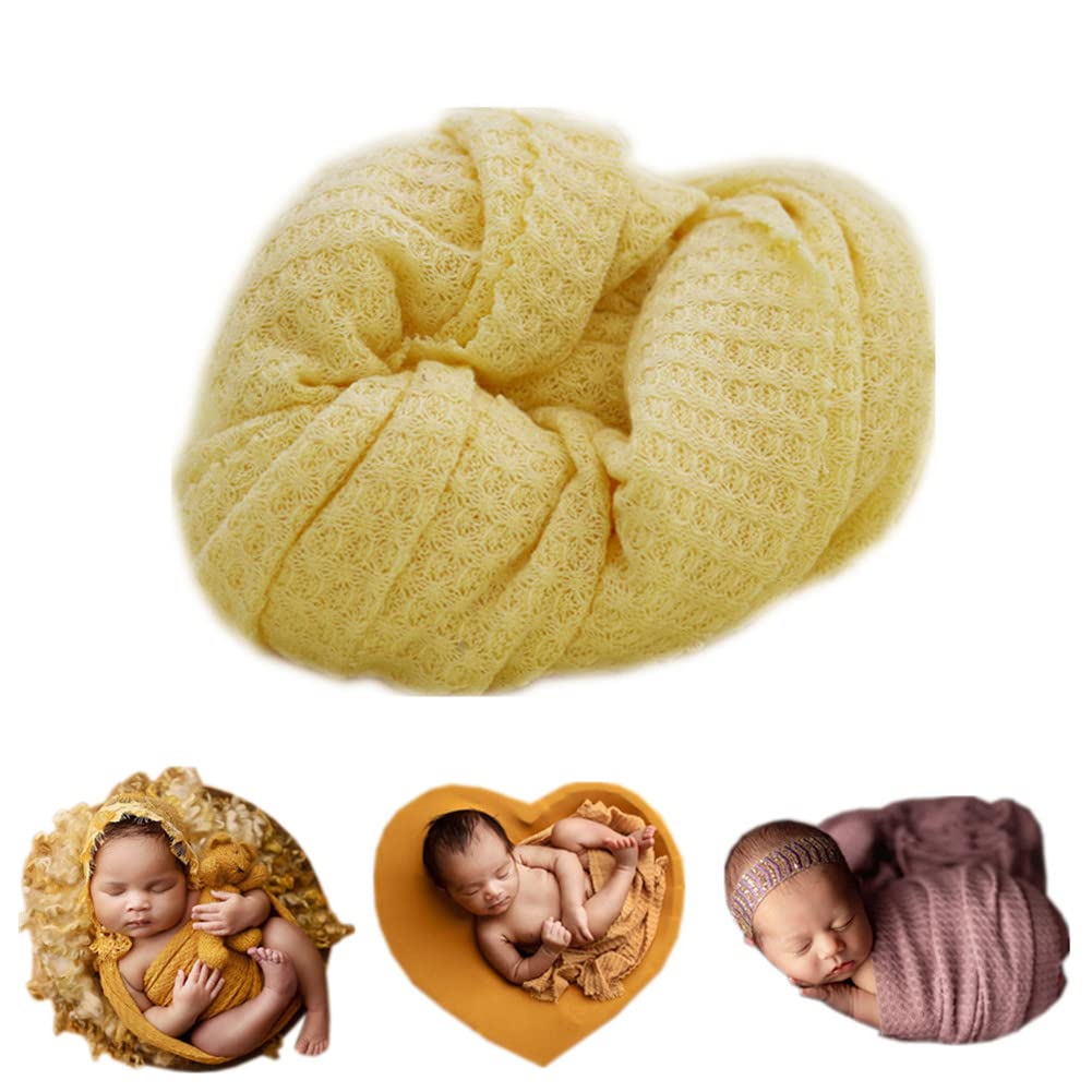 Newborn Photography Props Blanket Wrap Soft Knitted Stretch Baby Boys Girls Photoshoot Prop Cloth (Light Yellow)