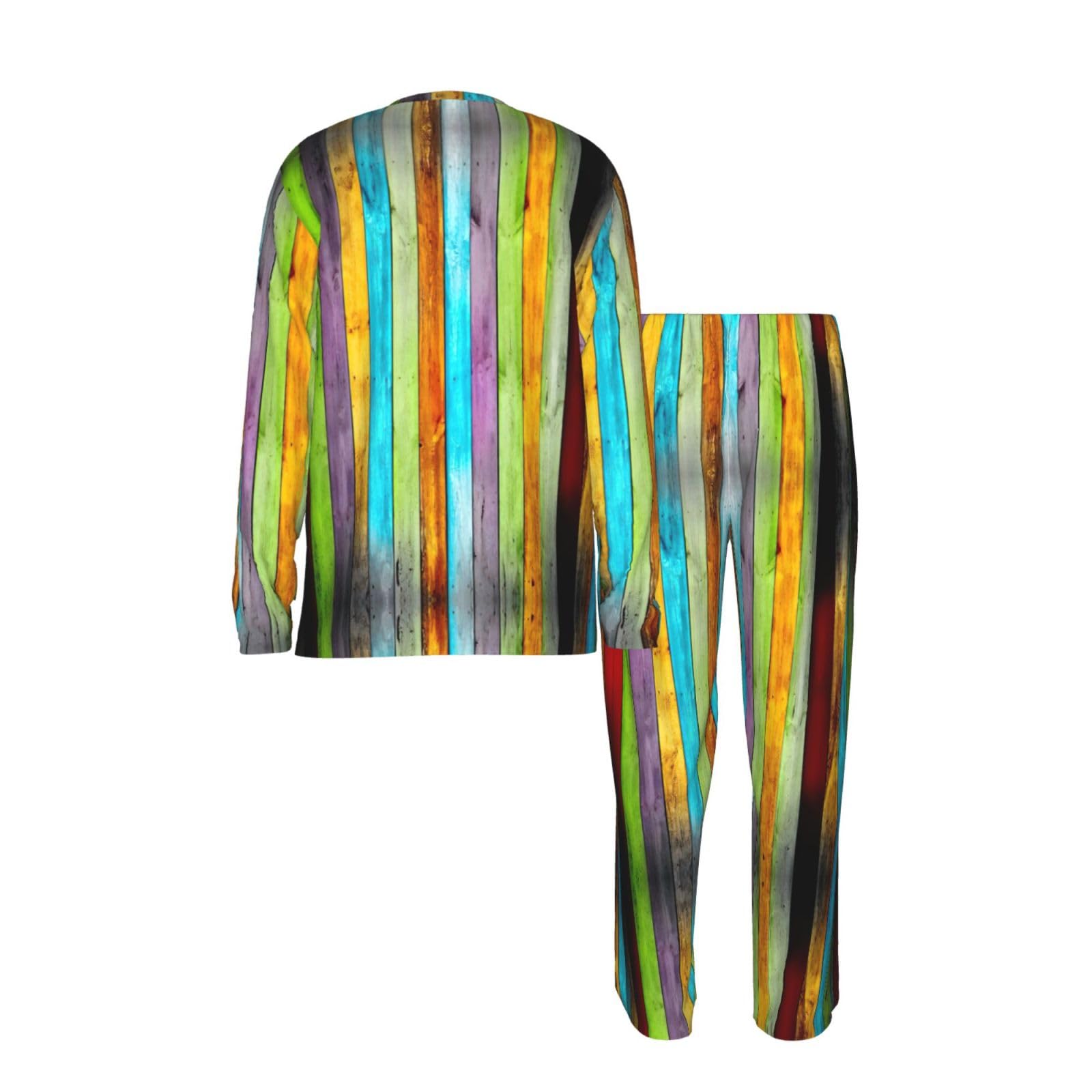 Conjunto de pijama para hombre de manga larga con estampado de tablas de madera coloridas, conjuntos de pijamas suaves para hombre, ropa de descanso cómoda para hombres, tallas S-3XL