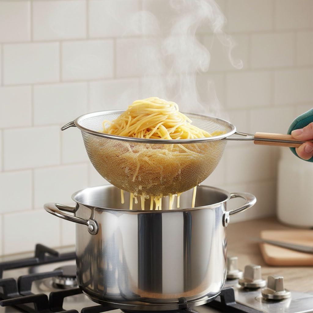 Deconox Ahşap Saplı Paslanmaz Çelik Süzgeç, Büyük Boy Metal Süzgeç 24 * 10 Cm - Estetik ve Dayanıklı: Ahşap Saplı Paslanmaz Çelik Süzgeç - Büyük Boy Metal Süzgeç