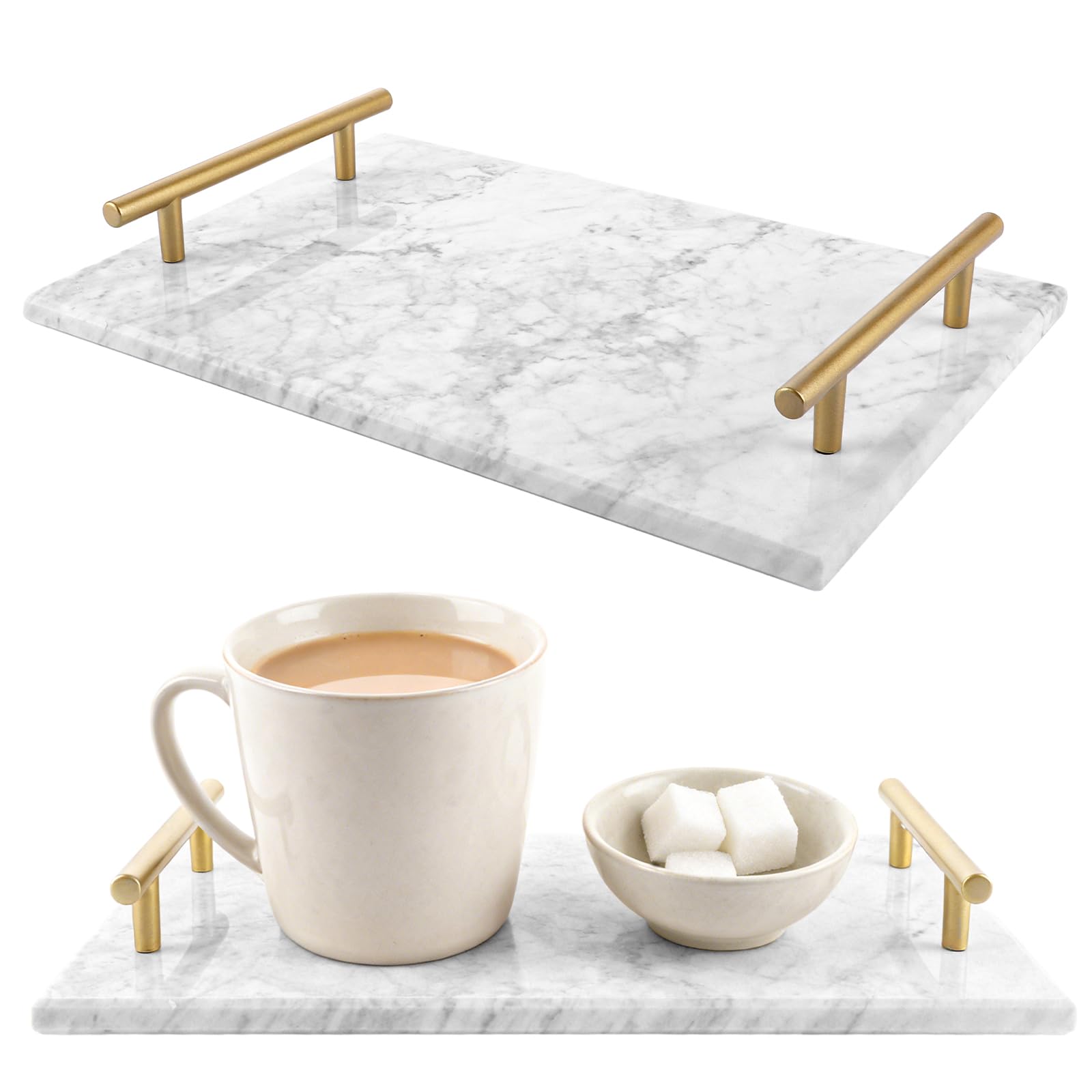 Oungy Marmeren Dienblad Met Handvatten 30x20cm - Wit Goud Decoratief Rechthoekig