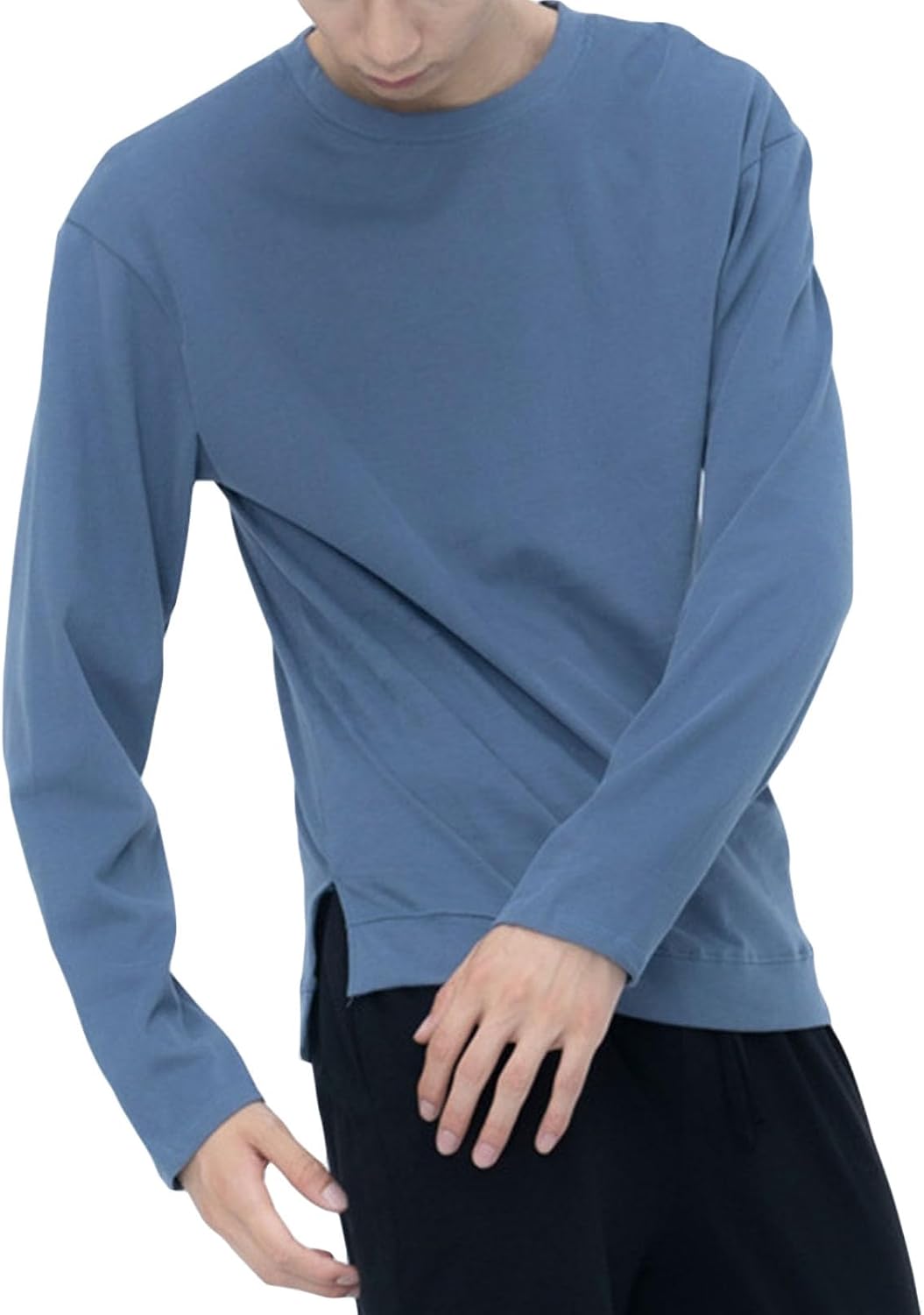 Mens Long-Sleeved Side Slit T Shirts Casual Solid Color Hip Hop Pullover Sweater Fashion Crewneck Tee Shirts