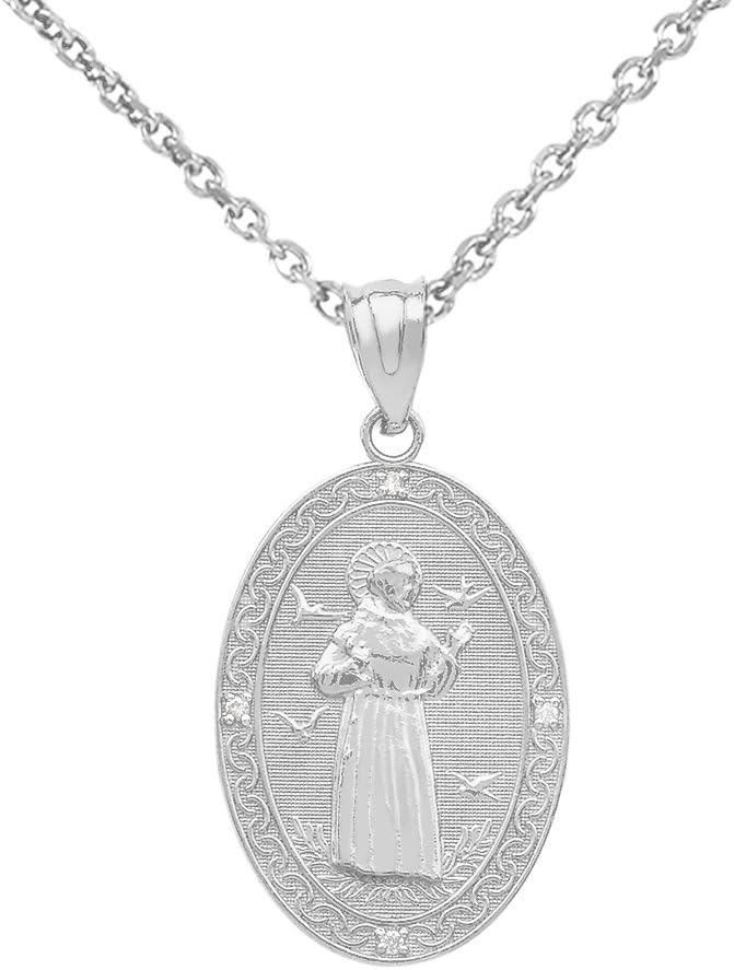 Sterling Silver Saint Francis of Assisi CZ Oval Medal Charm Necklace (Small)
