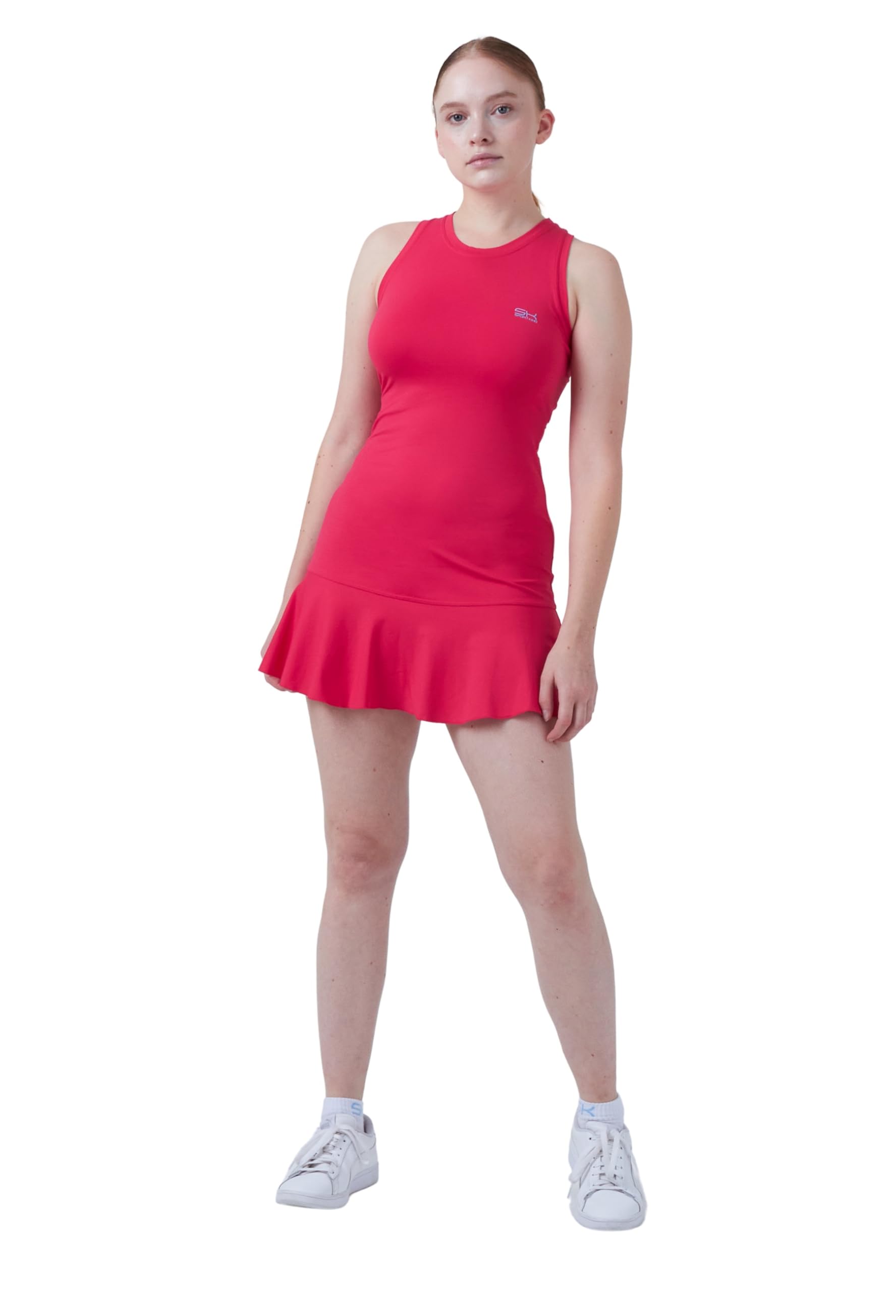 Sportkind Mädchen & Damen Tenniskleid Performance mit raffiniertem Rückenausschnitt UV-Schutz 50+ ärmellos Hibiscus pink Gr.