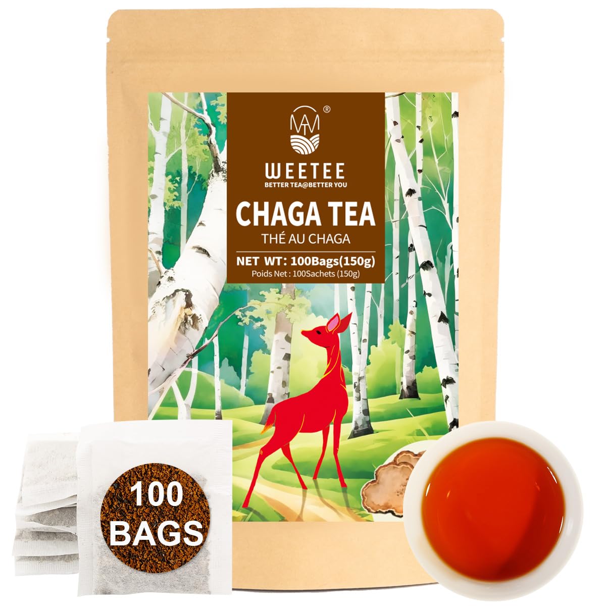 WEETEE Chaga Tee Beutel 100 Stück, 100% sibirischer Birken Chaga Pilz Tee, koffeinfrei – reich an Antioxidantien