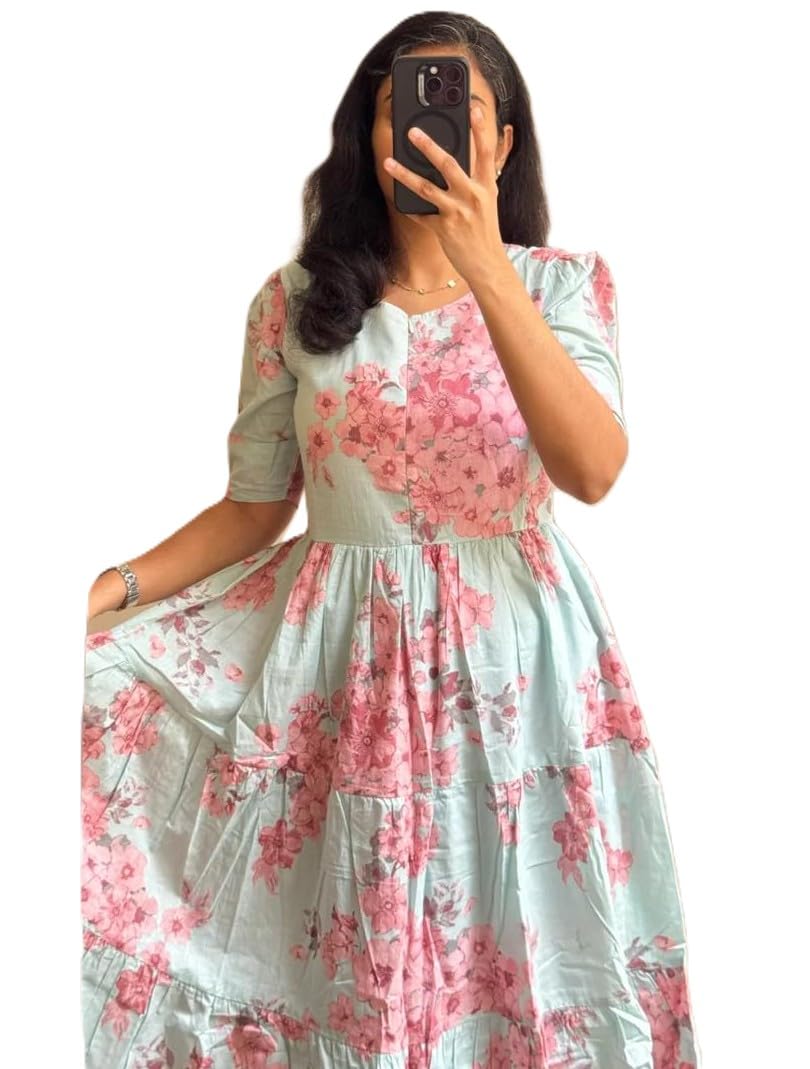 Women's Floral Print Midi Dress, Short Puff Sleeves, Tiered A-Line Fit and Flare Style, Round Neck-picture-24