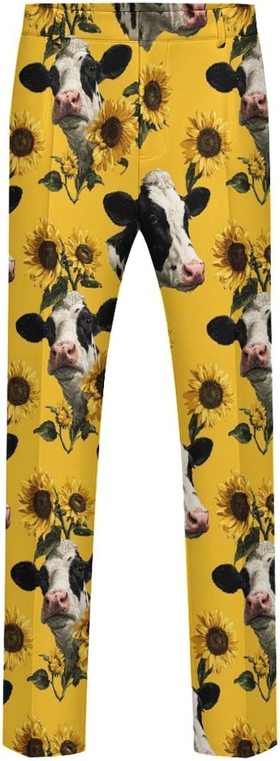 Cow Head Sunflowers Flower Men's Classic Fit Suit Pants Straight Leg Design Printed Trousers