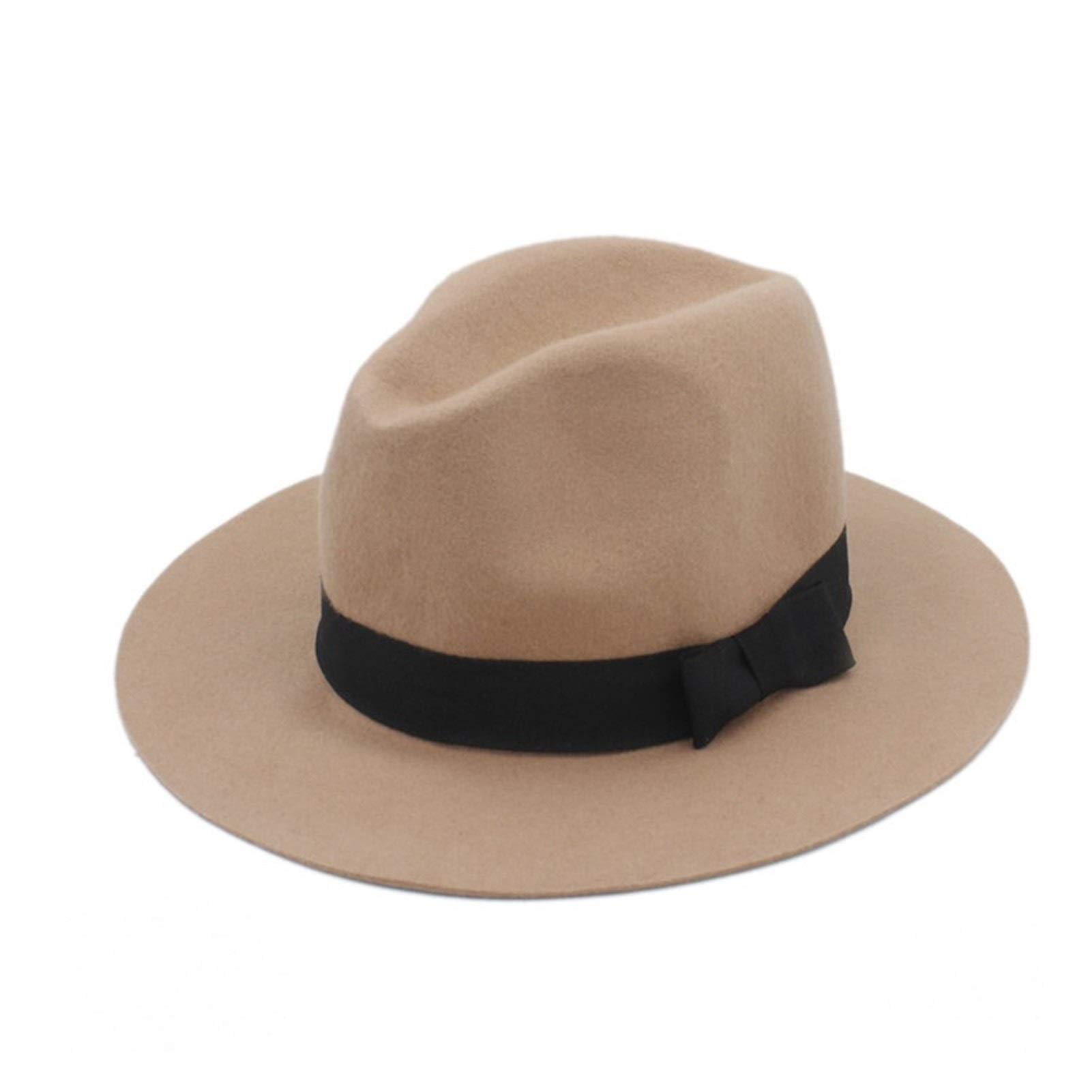 Jbivww Women's Khaki Wide Brim Floppy Felt Bowknot Fedora Hat For Elegant Winter Church Hat (Color : )