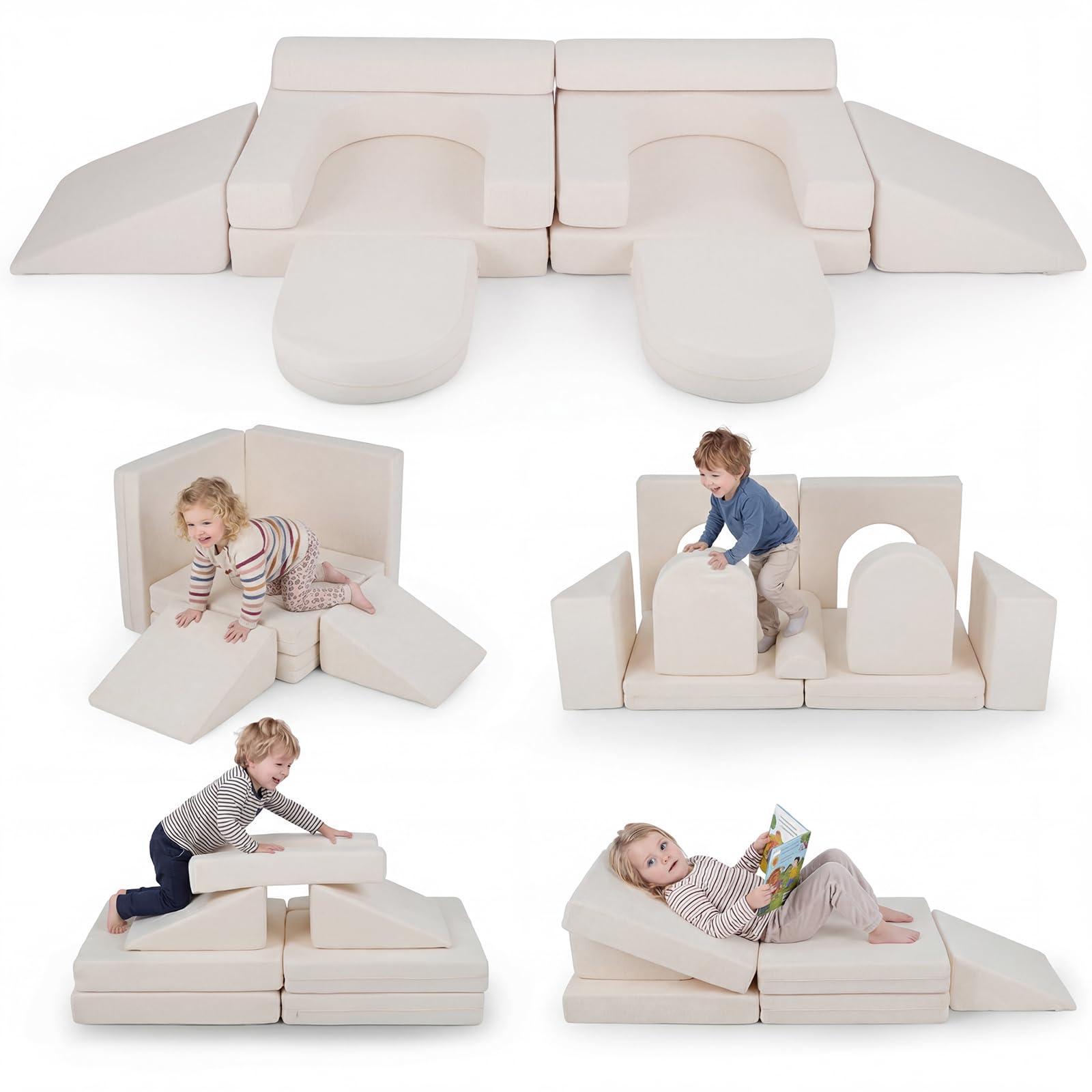 COSTWAY 10-teiliges modulares Spielsofa, Kindersofa ausklappbar mit abnehmbarem & waschbarem Bezug aus Wildleder, Schaumstoff Bausteine für Kinderzimmer, Kindercouch für Kinder ab 3 Jahren (Beige)