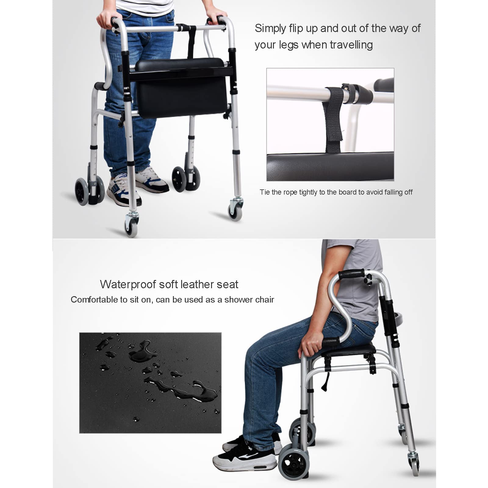 Andador con Ruedas Andadores para Personas Mayores Andadores Ligeros para Personas Mayores para Personas Mayores Ajustables con Asiento y Bolsa de Almacenamiento, D