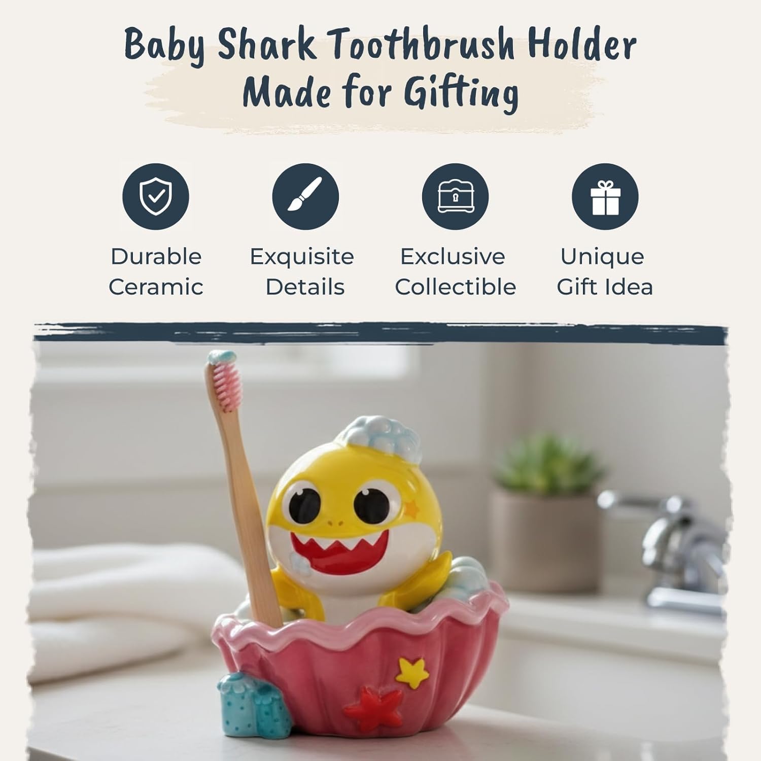 Baby Shark Tooth Brush Holder Ceramic Organizer, 5.25 x 4.825 x 5 Inches by Blue Sky Clayworks
