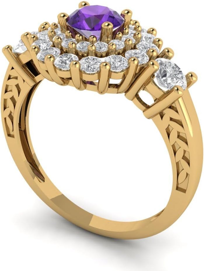 Clara Pucci 1.4 cttw Amethyst 14K Yellow Gold Halo Ring for Women - Cocktail Statement Fashion Jewelry Gift (5.0mm, Round Cut) - Image 2
