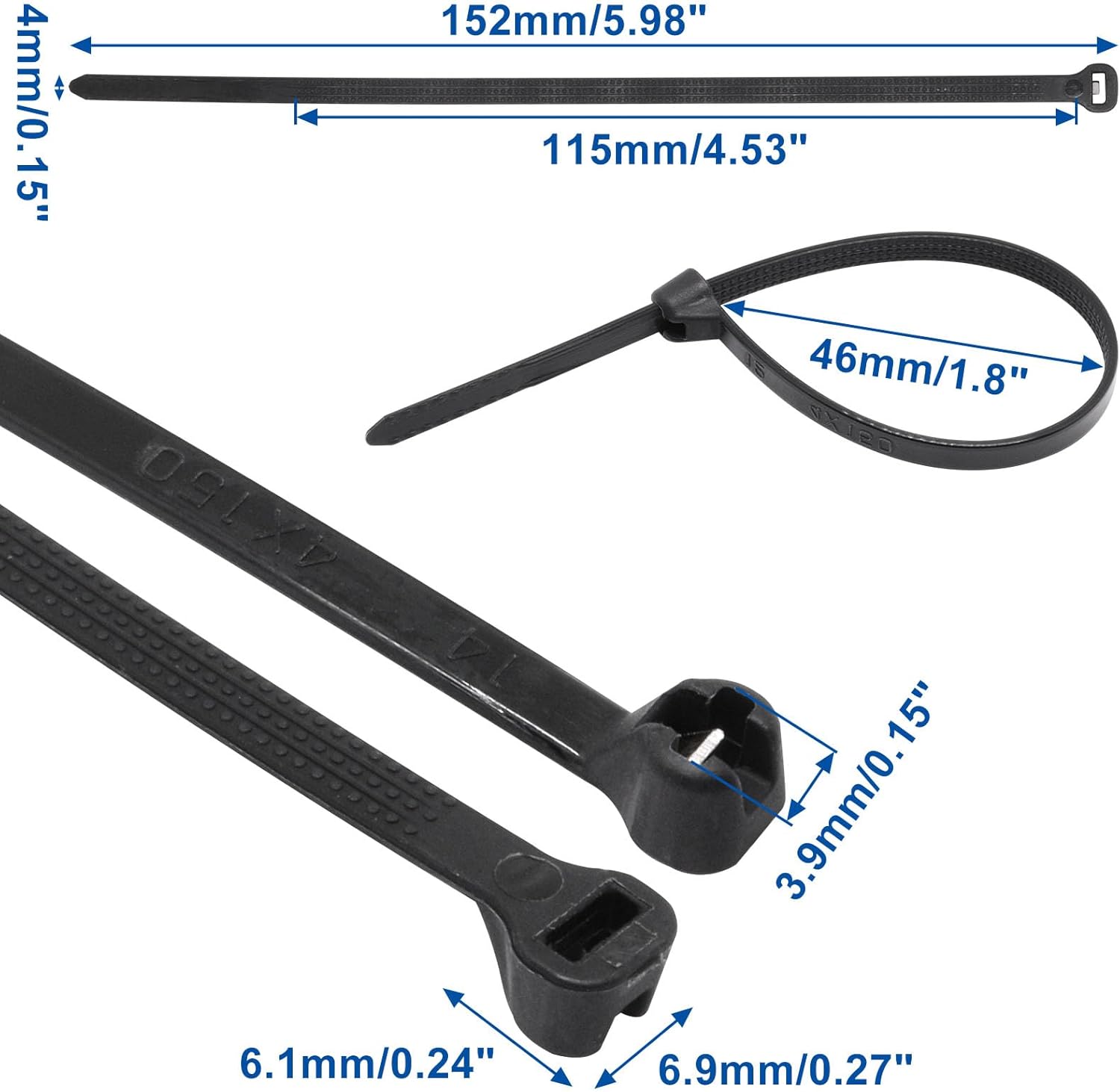 100pcs Push Mount Zip Ties, 6" Cable Zip Tie with Stainless Steel Metal Tooth Locking Device, Self Locking Straps Heavy Duty Nylon Zip Tie Clips for Industry, Auto, Construction, Electronic