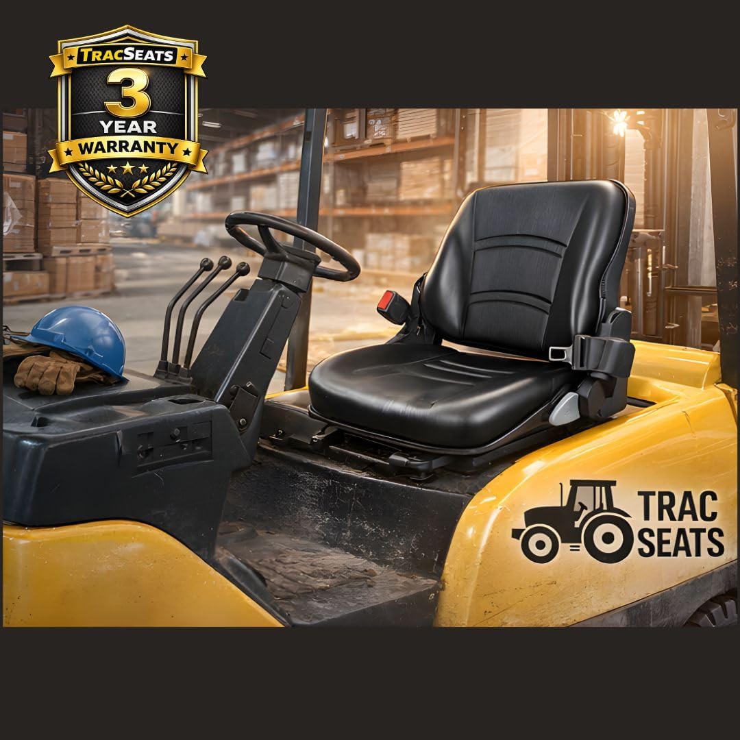 TRAC SEATS Universal Forklift Seat with Seat Belt and seat safety switch for Cat, Clark, Komatsu, Nissan, Yale, Toyota, Hyster excavator dozer backhoe tractor mower