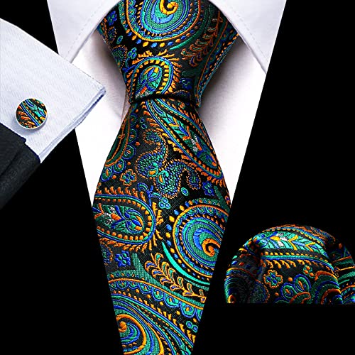 Image of Barry.Wang Classic Mens Ties Silk Necktie Pocket Square Cufflinks Set Woven Designer Wedding Business