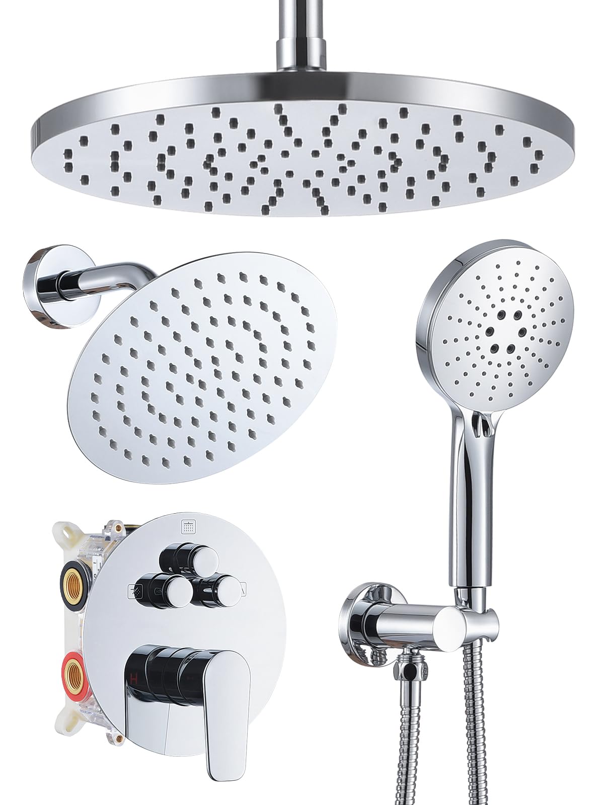 Woindo Shower Faucet Set 10" Rain Shower Head/8'' Side Shower Head and 3 Setting Handheld Ceiling Mount 3 Push Button Diverter Complete Rainfall Round Shower System Included Valve Trim Kit