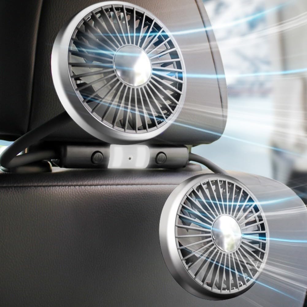 Ventilador de coche de doble cabeza, 3 velocidades alimentadas por USB, rotación de 360 °, iluminación ajustable para refrigeración por aire del asiento trasero en el vehículo