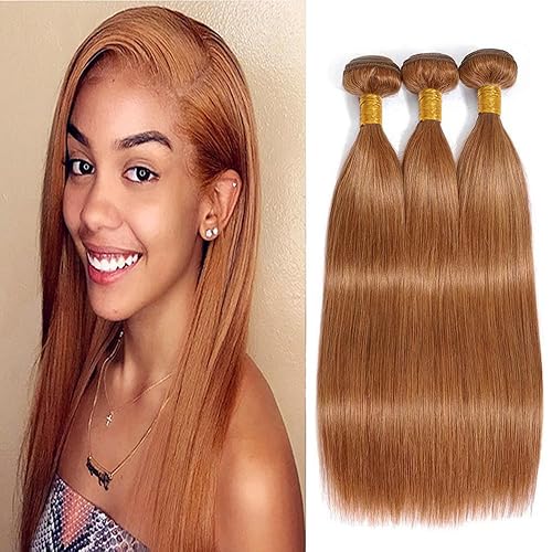 Color #30 - Paquetes de cabello humano lacio marrón claro de 18, 20, 22 pulgadas, mechones de cabello castaño de doble trama sin procesar, cabello