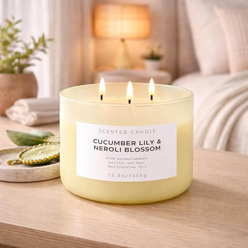 Miniatura 9 de Vela perfumada de soja de 3 mechas de lirio de pepino y neroli, 15.8 onzas, vela de aromaterapia fresca de spa, vela perfumada grande para el hogar,