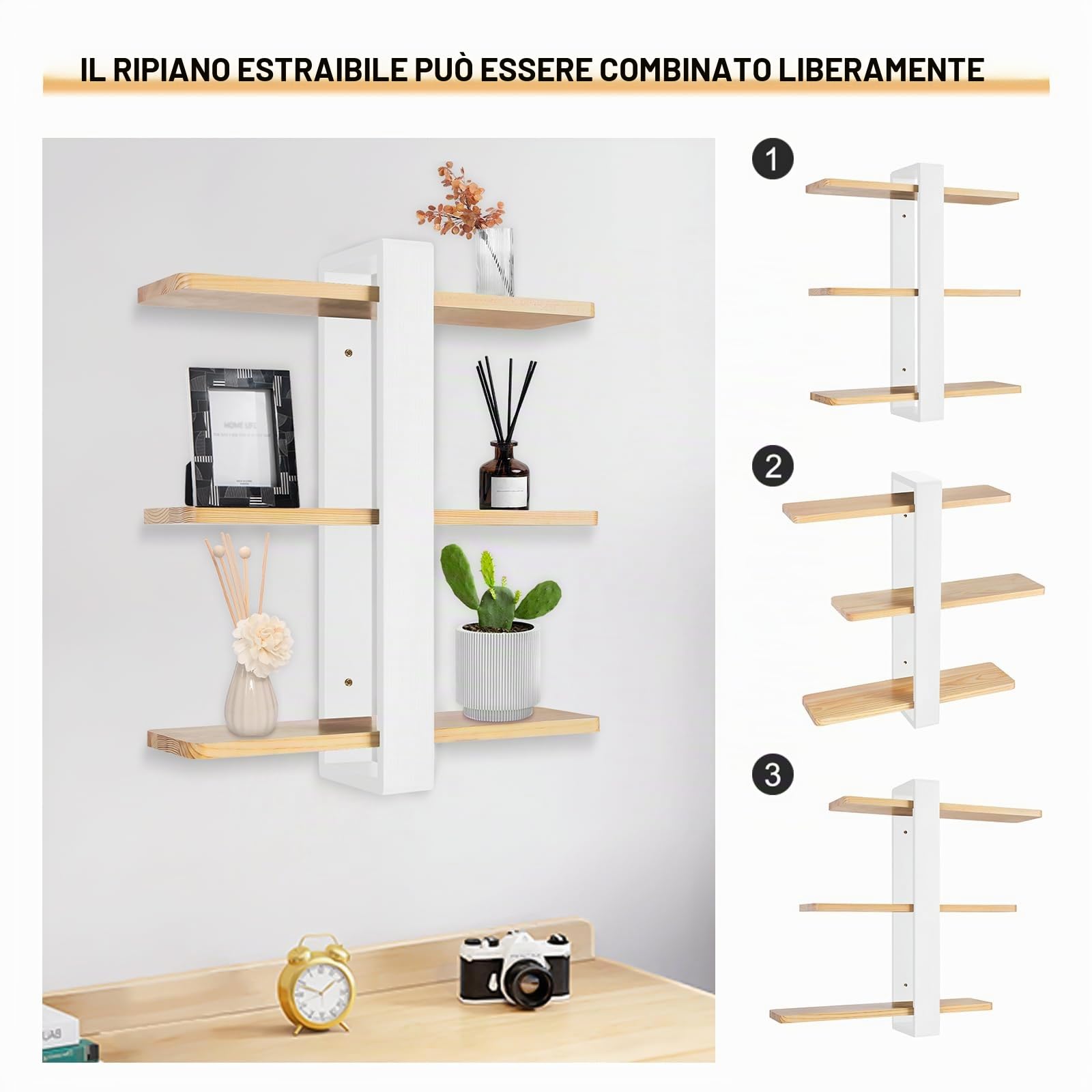 HUOLE Mensola da parete industriale in acciaio per tubi in legno, mensola sospesa, libreria a 3 livelli, per cucina, soggiorno, camera da letto, 58 x 50 x 16 cm, bianco (2 pezzi)