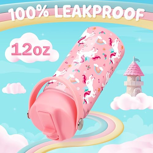 Miniatura 23 de SANDJEST Botella de agua para niños con tapa con pajilla, paquete de 2 botellas de agua aisladas de acero inoxidable de 12 onzas para niñas, taza de